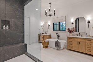 luxury bathroom with free-standing tub and walk-in shower