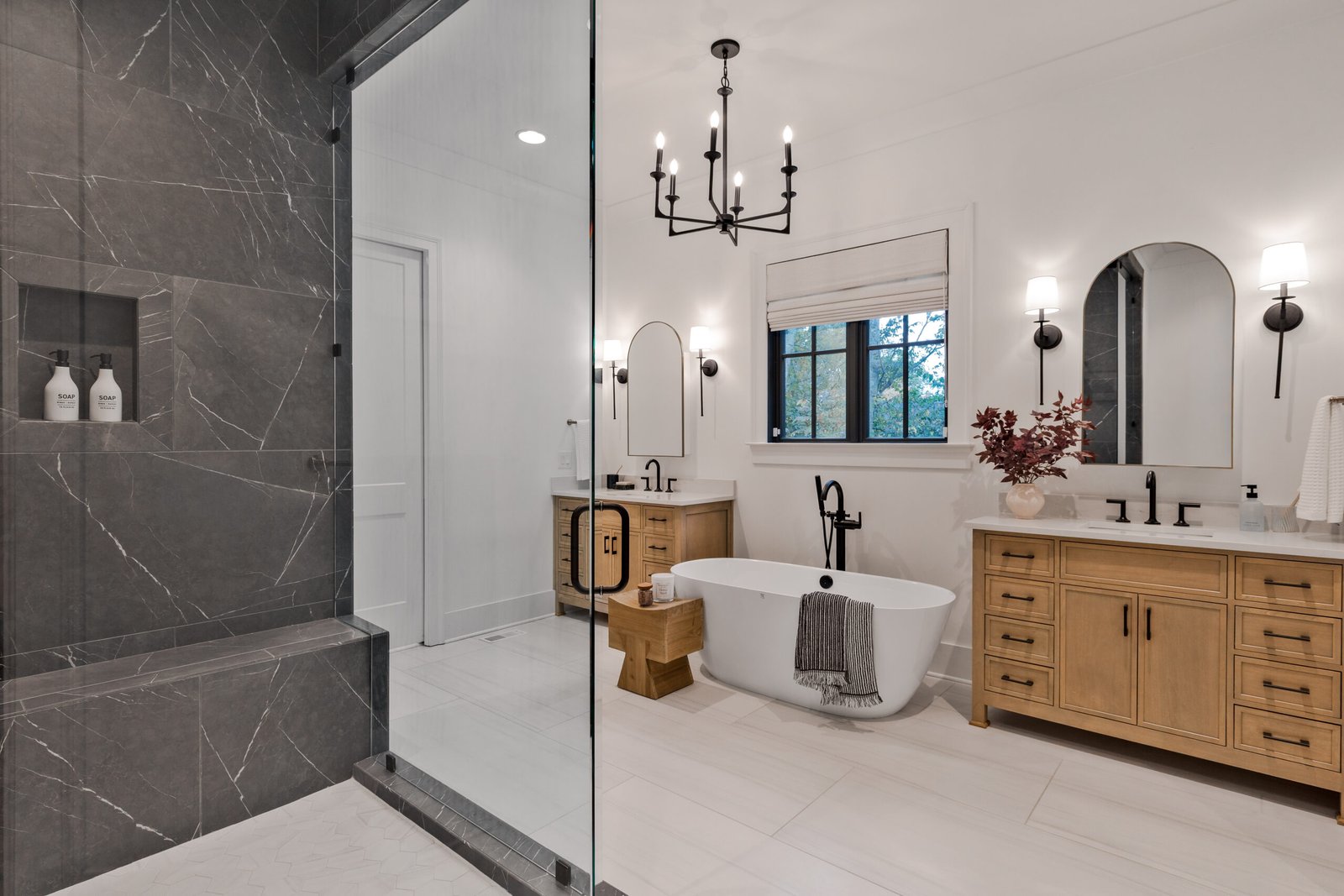 luxury bathroom with free-standing tub and walk-in shower
